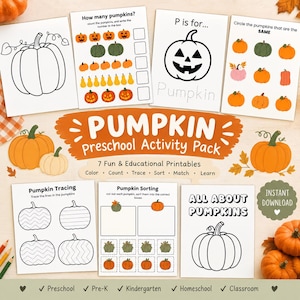 May include: A pumpkin preschool activity pack featuring seven educational printables with pumpkin-themed colouring, counting, tracing, and sorting exercises. The pages include text like How many pumpkins, P is for Pumpkin, and All About Pumpkins.