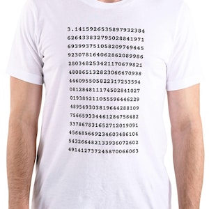 May include: A white t-shirt with a black print of a series of numbers, including 3.1415926535897932384, 626433832795028841971, 693993751058209749445, 923078164062862089986, 280348253421170679821, 480865132823066470938, 446095505822317253594, 081284811174502841027, 019385211055596446229, 489549303819644288109, 756659334461284756482, 337867831652712019091, 456485669234603486104, 543266482133936072602, 491412737245870066063.