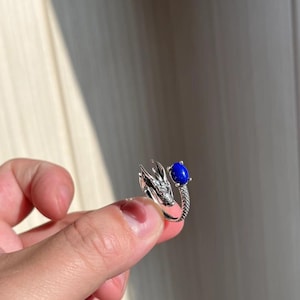 Natural Lapis Lazuli Sterling Silver Adjustable Dragon Ring | Vintage Healing