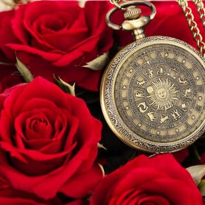 Vintage Bronze Zodiac Pocket Watch – Kwarcowy zegarek retro, design słoneczny z łańcuszkiem. Stylowy i ponadczasowy prezent dla mężczyzn i dzieci.