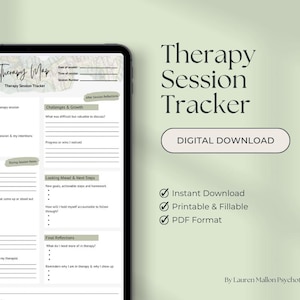 Może przedstawiać: Cyfrowy plik do pobrania z drukowanym trackerem sesji terapeutycznych. Tracker został zaprojektowany, aby pomóc ludziom śledzić postępy w terapii. Zawiera sekcje dotyczące wyzwań i rozwoju, spojrzenia w przyszłość i kolejnych kroków oraz ostatecznych refleksji. Tracker jest w formacie PDF i jest dostępny do natychmiastowego pobrania.