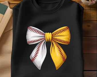 Baseball Softball Bow PNG: Yellow White Stitch Ribbon Design (Digital Download)