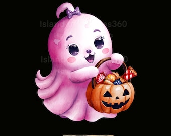 Kawaii Pink Ghost PNG: Halloween Candy Bucket Clipart (Digital Download)