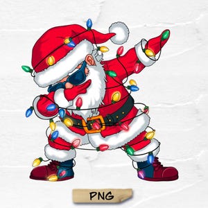 May include: A cartoon illustration of Santa Claus dabbing, wearing sunglasses, a red suit, and a hat. He is wrapped in a string of colorful Christmas lights. The image has a white background and a PNG watermark.