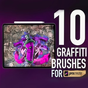 May include: A digital illustration of a purple spray paint can with a graffiti style design. The text "10 Graffiti Brushes for Procreate" is displayed on the image.