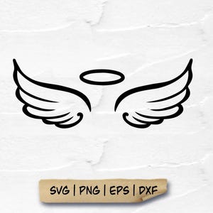 Puede incluir: Dibujo lineal negro de alas de ángel con un halo encima. Las alas están detalladas con líneas curvas, y el halo es un óvalo simple. Debajo de la imagen hay una pancarta beige con el texto "SVG | PNG | EPS | DXXF".