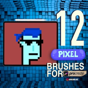 Puede incluir: Gráfico de arte digital con un personaje pixelado con pelo azul y gafas de sol sobre un fondo rojo. El número 12 se muestra junto a un botón azul que dice "PIXEL". También se ve el texto "BRUSHES FOR Procreate".