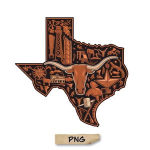 Könnte beinhalten: Detaillierte Illustration des Bundesstaates Texas mit einem Longhorn, Wahrzeichen und Symbolen. Das Design ist in Braun- und Schwarztönen gehalten und hat eine strukturierte Optik. Das Wort "PNG" befindet sich unten.