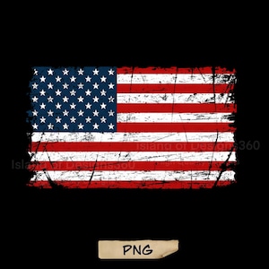 Könnte beinhalten: Abgenutztes Design der amerikanischen Flagge mit roten und weißen Streifen und einem blauen Sternenfeld. Die Flagge hat einen abgenutzten, Vintage-Look, vor schwarzem Hintergrund. Das Bild enthält den Text "PNG".