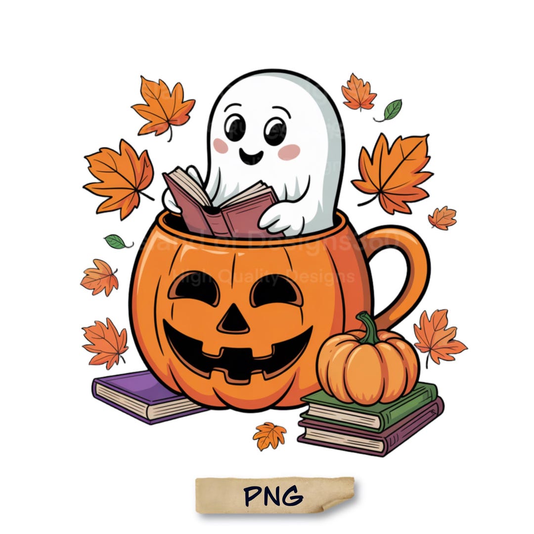 Cute Halloween Ghost Reading Book PNG | Pumpkin Mug Autumn Clipart ...