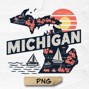 Carte du Michigan au format png, fichiers vectoriels des États-Unis d'Amérique, image vectorielle du Michigan, état du Michigan au format png, conception de voyage rétro Michigan State png