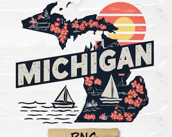 Michigan Map Png, United States of America Vector Files, Michigan Vector, State of Michigan Png, Retro Travel Design Michigan State Png