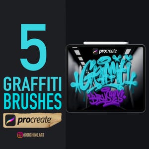 May include: Five graffiti brushes for Procreate app. The image shows a digital illustration of graffiti text on a dark background. The text says "Graffiti Brushes" and is in a blue and purple color scheme.