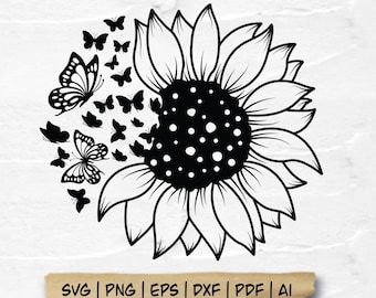 Sunflower and Butterfly Svg Flower, Sunflower Butterfly svg, Sunflower with Butterfly cut file clipart svg png, Flower Butterfly Svg