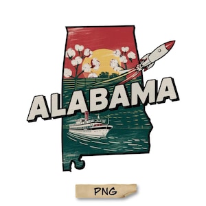 Kaart van Alabama png, vectorbestanden van de Verenigde Staten van Amerika, vector van Alabama, staat Alabama png, retro reisontwerp staat Alabama