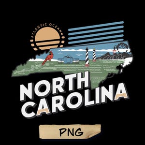 May include: A graphic design featuring a stylised outline of North Carolina with a red cardinal, lighthouses, and the text "NORTH CAROLINA" in white letters. The design also includes a sun and the words "ATLANTIC OCEAN" in a circle.