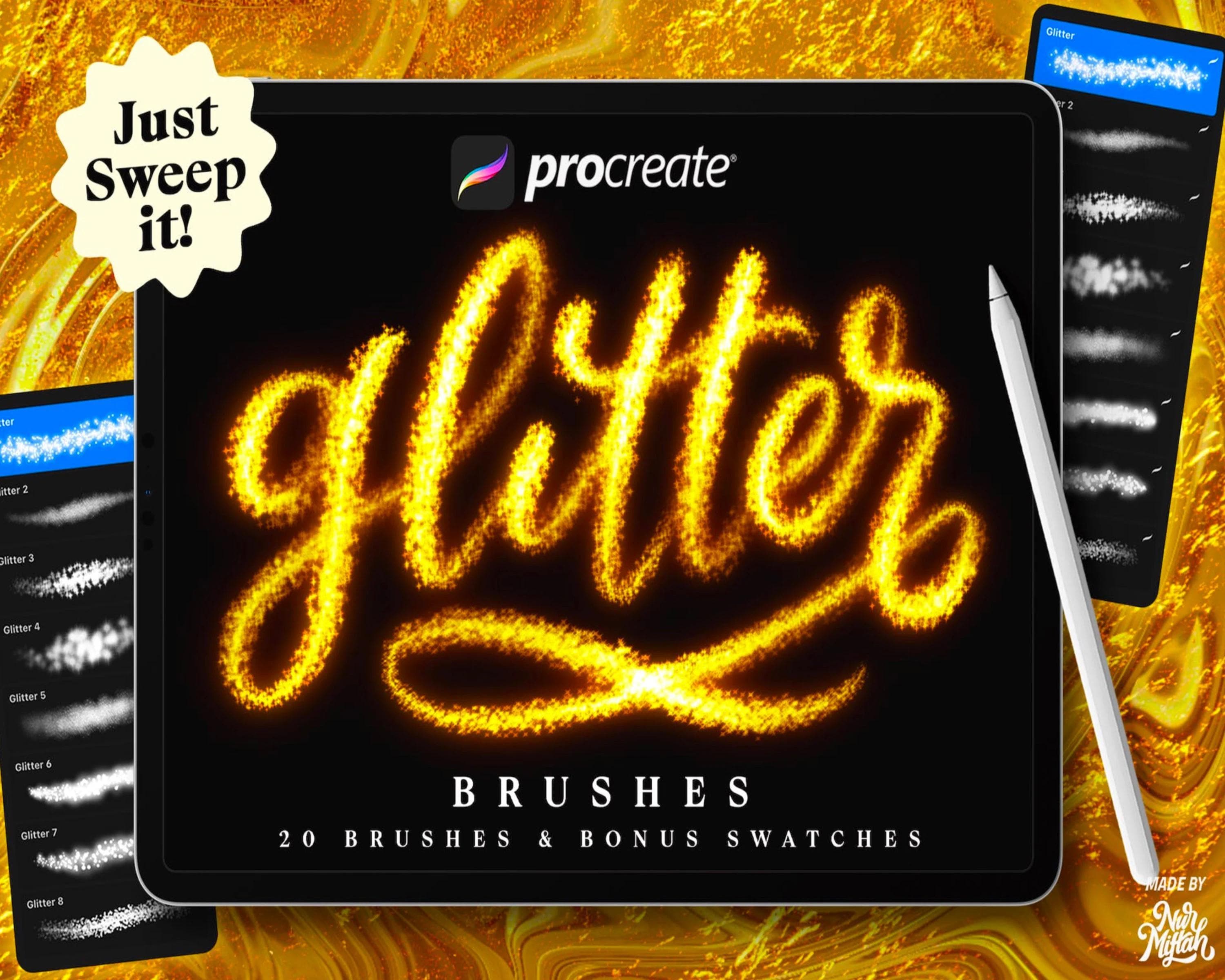 Procreate Glitter Brushes – 20 Sparkling Brushes + Gold & Neon Swatches