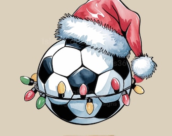 May include: A soccer ball illustration with a Santa hat and string lights. The ball is black and white, the hat is red with white trim, and the lights are various colors. The word "PNG" is at the bottom.