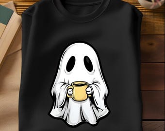 Cute Coffee Ghost PNG | Spooky Halloween Ghost with Coffee Cup Clipart | Funny Cozy Ghost Digital Download