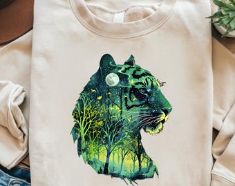 Mystical Tiger Double Exposure PNG: Forest & Stars (Digital Download)