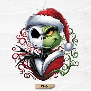 May include: A split-face graphic featuring Jack Skellington and the Grinch, both wearing Santa hats. The Grinch side is green with a mischievous grin, while Jack is white with a stitched mouth. Red and black decorative swirls surround the characters.