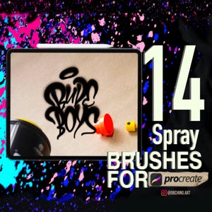 Peut inclure: Une illustration numérique d'un design de style graffiti avec les mots "Run Boy" en noir sur un fond beige. L'image est sur l'écran d'une tablette avec un stylet à côté. Le texte "14 Spray Brushes For Procreate" est en blanc sur un fond noir avec un motif de projection rose et bleu. Le texte "@orchno.art" est en blanc sur un fond noir.