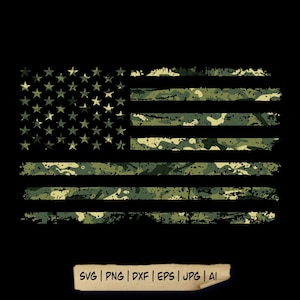 May include: American flag design with a camouflage pattern in shades of green and tan. The stars and stripes are distressed, giving a vintage look. The background is black. The image includes the text "SVG | PNG | DXF | EPS | JPG | AI".