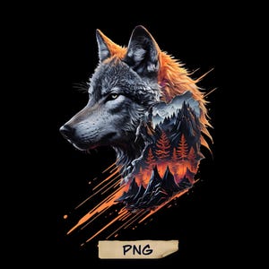 May include: A gray wolf with orange fur on its back and neck. The wolf's head is turned to the side, and its eyes are open. The wolf's fur is detailed and realistic. The wolf's body is partially obscured by a mountain scene with trees and a sunset.