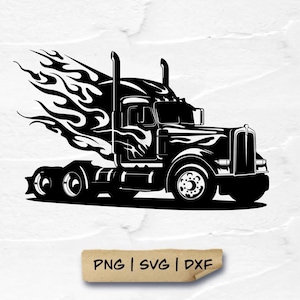 May include: Black and white silhouette of a semi-truck with flames coming from the back of the cab. The truck is facing the right side of the image.