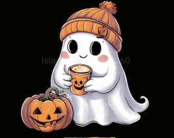 Cute Ghost PNG | Halloween Clipart | Spooky Pumpkin Coffee Ghost | Digital Download | Fall Aesthetic"