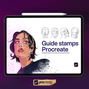 May include: A digital illustration of a woman's face with a geometric overlay. The text "Guide stamps Procreate" is displayed above the image. The text "Create beautifully 11 Procreate portrait stamps brushes" is displayed below the image. The Procreate logo is displayed in the bottom right corner of the image.
