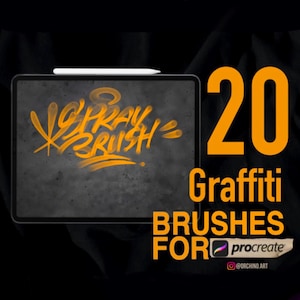 Puede incluir: Una ilustración digital de una pantalla de tableta que muestra un conjunto de pinceles digitales para Procreate. El texto en la pantalla dice "Spray Brush". El texto en el lado derecho de la imagen dice "20 Graffiti Brushes For Procreate @orchno.art".