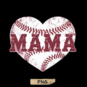 May include: A white baseball heart with red stitching and the word "MAMA" in red distressed lettering.