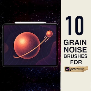Può includere: Un'illustrazione digitale di un pianeta rosso con un anello attorno ad esso, visualizzato su un tablet con una penna bianca. Il testo "10 GRAIN NOISE BRUSHES FOR procreate" è visualizzato su uno sfondo beige.