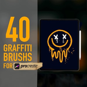 Peut inclure: 40 brosses de graffiti pour Procreate. Illustration numérique d'un smiley jaune avec de la peinture qui coule sur un fond noir.