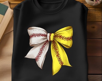 Softball Bow PNG: Yellow & White Ribbon Clipart for Sublimation (Digital Download)