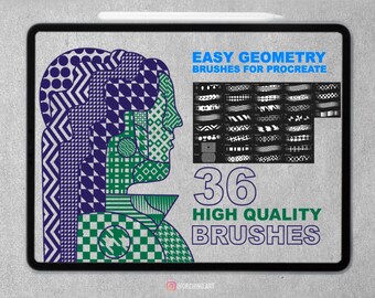 May include: A digital illustration of a person's face made up of geometric patterns. The image is on a tablet screen and includes the text "Easy Geometry Brushes for Procreate" and "36 High Quality Brushes".