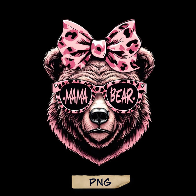 Pu&ograve; includere: Orso rosa con un fiocco rosa e occhiali da sole che dicono "MAMA BEAR".