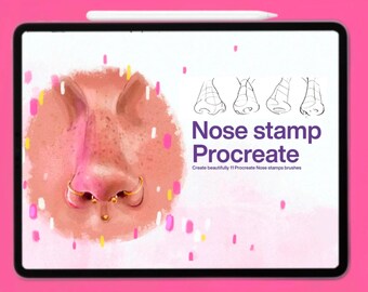 May include: A digital illustration of a nose with a nose ring and two other nose rings on the bridge of the nose. The image is on a tablet screen with the text "Nose stamp Procreate" and "Create beautifully 11 Procreate Nose stamps brushes".
