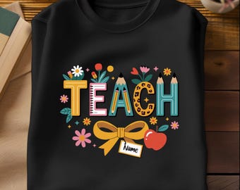 Teach PNG: Leopard Pencil, Apple, Bow - Teacher Shirt Design (Digital Download)