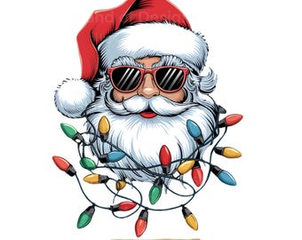 May include: A graphic of Santa Claus wearing sunglasses and a red hat, with a white beard and mustache. A string of colorful Christmas lights is wrapped around his face. The image includes the text "PNG" on a banner.