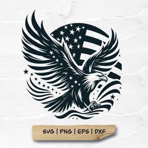 May include: A black and white illustration of an eagle with its wings spread wide, soaring above a stylized American flag. The eagle's head is turned to the side, and its eyes are focused on the viewer. The flag is in the background, and it is made up of red and white stripes and blue stars.