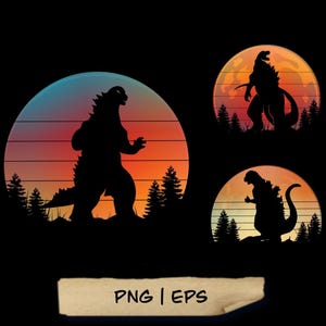 3x Godzilla Retro Vintage Sunset Background Graphic for T-Shirt Design، High Quality Godzilla Png، Vintage Godzilla Graphic T-Shirt