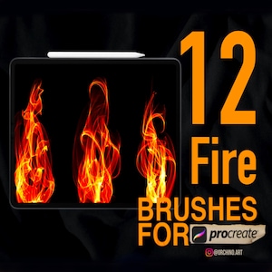 May include: A digital tablet screen displaying 12 fire brushes for Procreate. The brushes are shown on a black background with three different fire designs. The text "12 Fire Brushes for Procreate" is displayed on the screen.