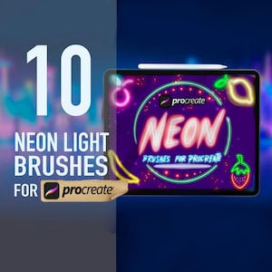 May include: A digital illustration of 10 neon light brushes for Procreate. The image shows a tablet screen with the text "NEON BRUSHES FOR PROCREATE" and a variety of neon light brush strokes in different colors.