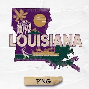 May include: A vintage-style illustration of the state of Louisiana with a purple background. The state's name is written in a distressed font in beige. The illustration includes a palm tree, a boat, a pelican, and a group of musicians playing instruments.