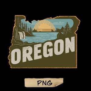 May include: A vintage-style illustration of the state of Oregon, featuring a lake, mountains, trees, and a sunset. The word "OREGON" is written in a distressed font across the image.