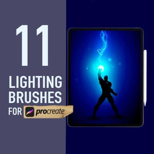 May include: A digital illustration of a superhero holding a ball of blue lightning. The image is displayed on a tablet screen with a white stylus next to it. The text "11 LIGHTING BRUSHES FOR procreate" is displayed on the left side of the image.