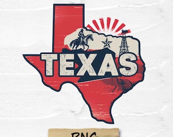 May include: A vintage-style illustration of the state of Texas, featuring a red and blue color scheme. The outline of the state is filled with a red and white pattern, and the word "TEXAS" is written in large, white letters across the center. The illustration also includes a cowboy riding a horse, a star, and an oil derrick.