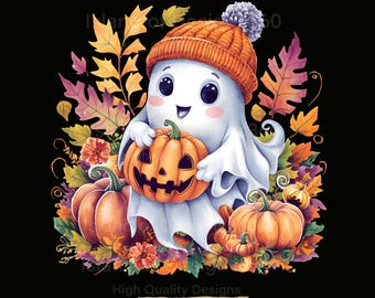 Niedlicher Herbstgeist mit Kürbis PNG | Herbst Halloween Geist Clipart | Gemütliches Kürbis-Geist-Sublimationsdesign